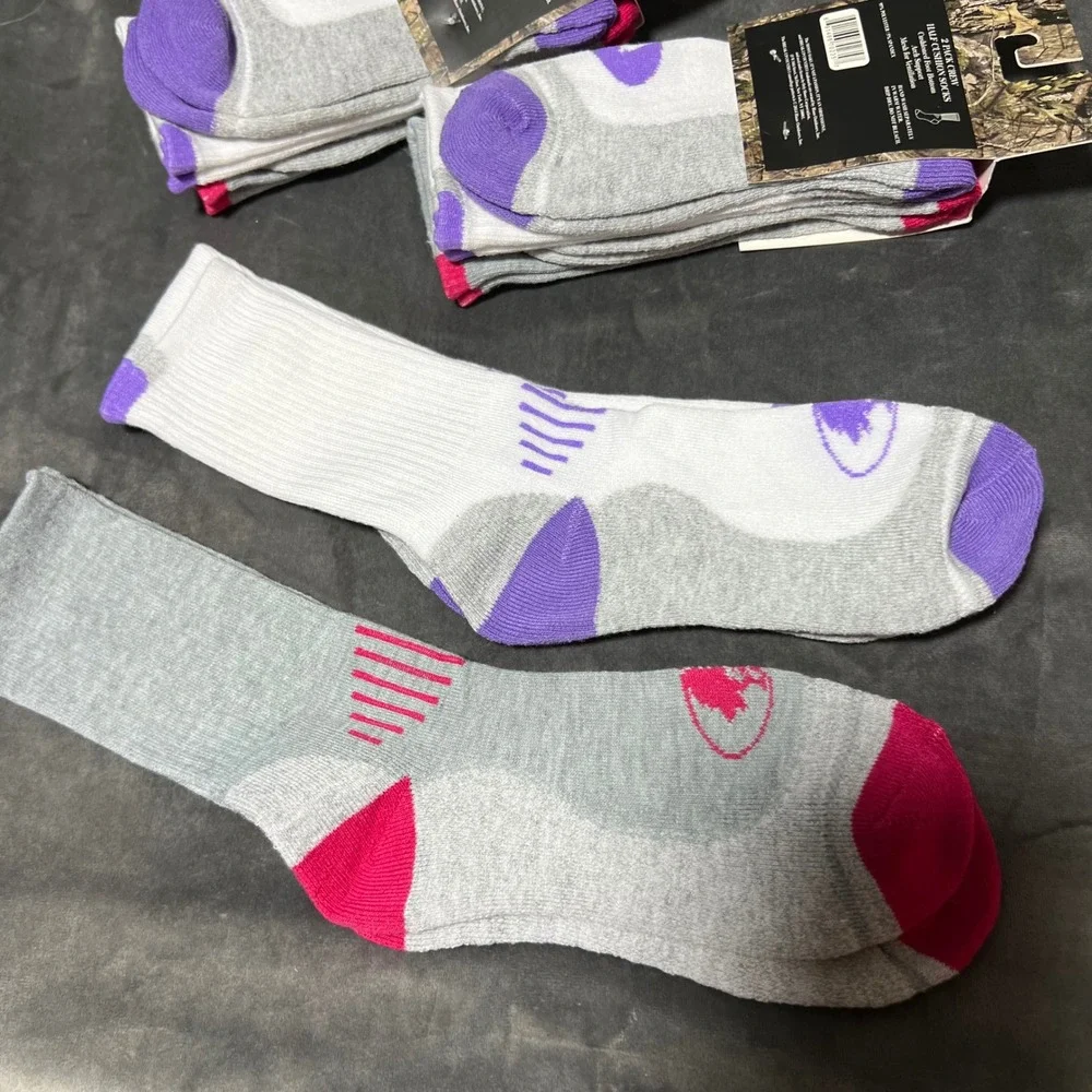 Mossy Oak Ladies Crew Half Cushion Socks 6 Pairs Grey White Pink Purple 4-10
